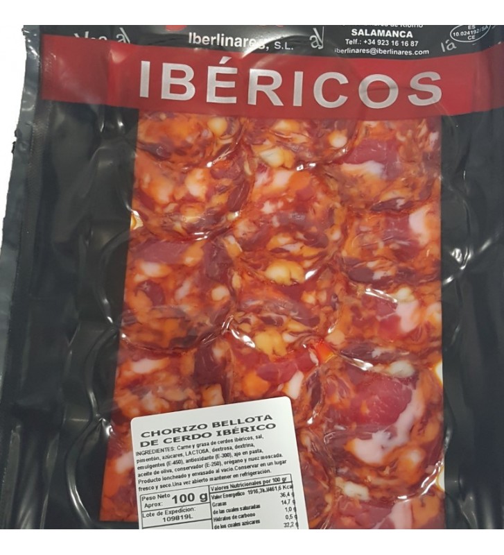 Chorizo de bellota ibérico loncheado en sobres de 100 gr envasado al vacío